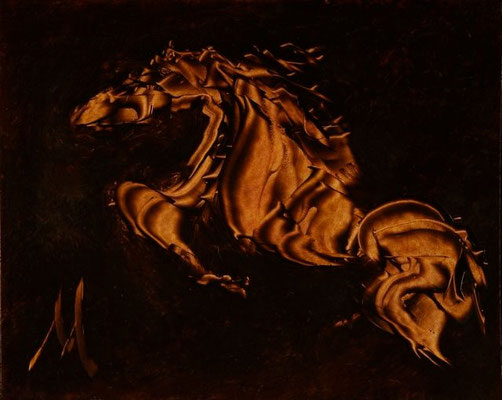 oil on hardboard, resin lacquer mixture coating, proprietary technique, 50x44 cm