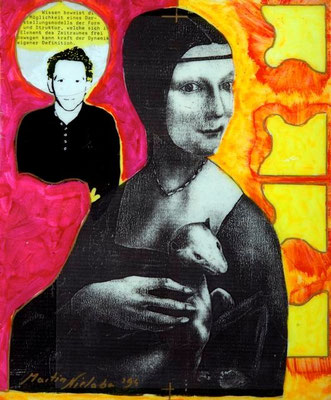 collage on hardboard, resin lacquer mixture coating, proprietary technique, 33x27,5 cm