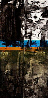 oil on canvas applied to wood,  resin lacquer mixture coating, proprietary technique, 56x28 cm