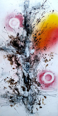 o.T. Lacke und Aquarellfarben auf Holz, 60x30cm