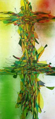 o.T. Lacke und Aquarellfarben auf Holz, 60x30cm
