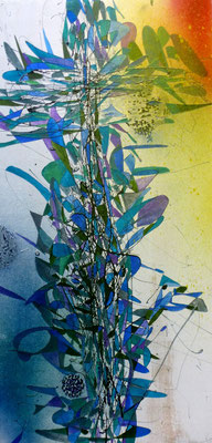 o.T. Lacke und Aquarellfarben auf Holz, 60x30cm