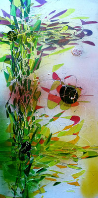 o.T. Lacke und Aquarellfarben auf Holz, 60x30cm