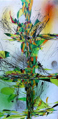 o.T. Lacke und Aquarellfarben auf Holz, 60x30cm
