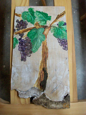Chantal a réalisé un tableau, cèpe de vigne, gesso à la colle de peau et peinture à l'oeuf.