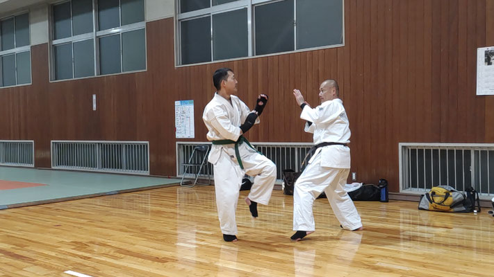 一般部の大人が二人組で、顔面の攻防を含めたスパーリングを行っている様子