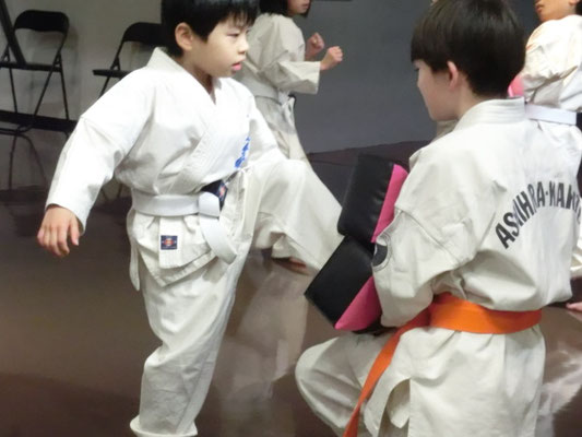 小学1年生の男子が、キックミットで前蹴りの練習をしているところ