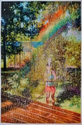 Am Ende des Regenbogens, 2020  Acryl, Öl, Pastelkreide, Baumwollpapier  100 x 65 cm