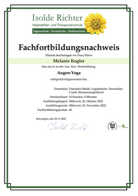 Augen-Yoga-Ausbildung - Danke Franzsika Sebald & Isolde Richter