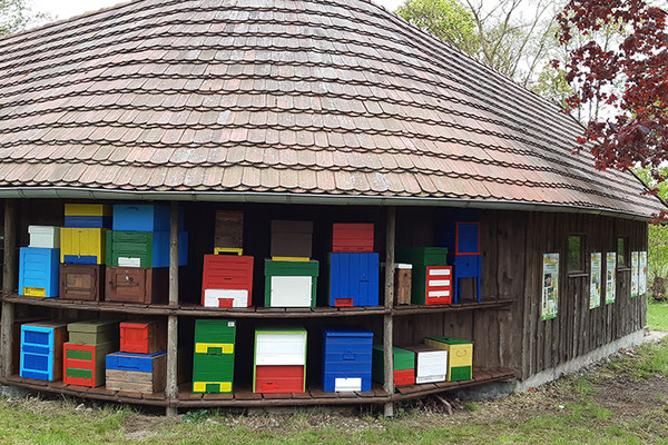 Frisch renovierte Museumsbeuten im Bienengarten.