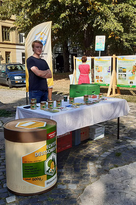 Honigmarkt in Wismar - Azubi Ole mit Freude bei der Arbeit.