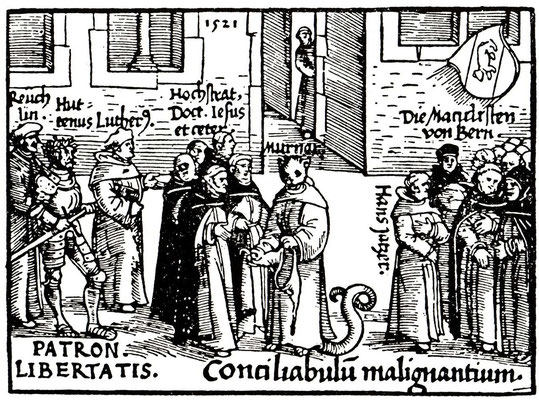 Johannes Reuchlin, Ulrich von Hutten, Martin Luther  als Patrone der Freiheit gegenüber Jakob van Hoogstraten und anderen.