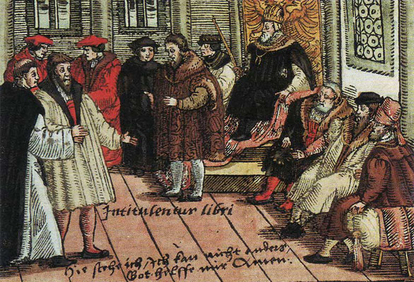 Luther beim Reichstag zu Worms. Kolorierter Holzschnitt, 1557