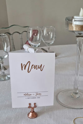 Menu et supports Mariage Doré et Rose Poudré