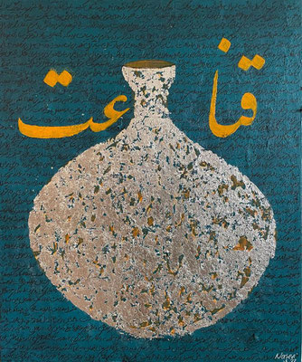 "Modesty" 50 x 60 cm, acrylic on canva, silver leaf, afghan poetry, 800 Euro