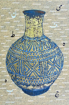 "Amphora light blue" 100 x 150 cm, fibermix on canvas, gold leaf, afghan poetry, 4700 Euro 