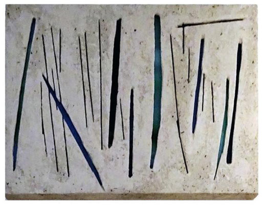 Rolf Liese: Aschebild mit blauem Glas hinterlegt;Rückseite signiert; datiert 7/1994 und Jan 1997, Preis 900 Euro