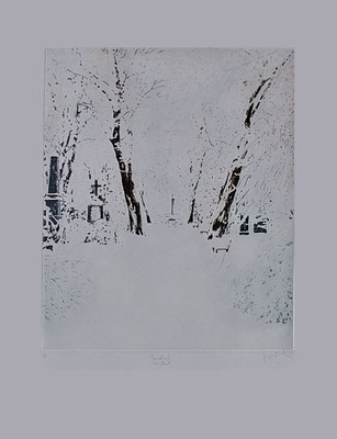 Henning von Gierke: Friedhof 1985  Radierung 53 x 70 cm signiert