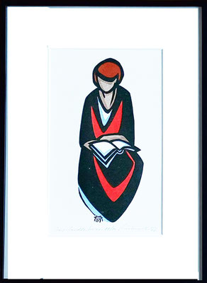 Herbert Muckenschnabl: Lesende, Holzschnitt, koloriert 33,5 x 45 cm Preis 200 Euro, incl. Rahmen