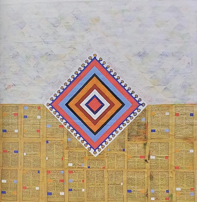 "Heratstyle 3, 130 x 130 cm, acrylic on canvas with paper collage of persian poetry 