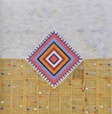 "Heratstyle 3, 130 x 130 cm, acrylic on canvas with paper collage of persian poetry 