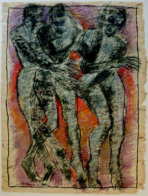 Catalina Braun: Drei Personen, Farbe auf geschöpftes Büttenpapier, 94 x 71 cm, 1.400 Euro