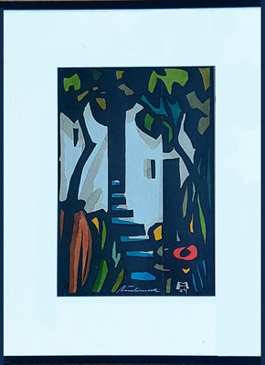 Herbert Muckenschnabl: Gassse im Schatten, Holzschnitt, koloriert 32,5 x 41 cm Preis 250 Euro, incl. Rahmen