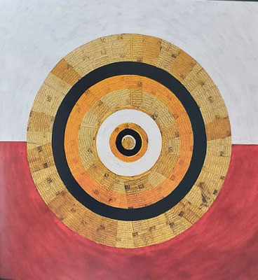Heratstyle 2 130 x 130 cm; Acrylic on canvas with paper collage of persian poetry, 3400 Euro