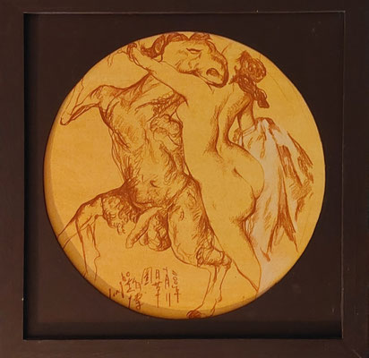 Frau mit Widder, ÖÖlkreide auf Sperrholz, o.J., ca. Mitte 90er Jahre. signiert  40 x 40 cm 1400 € 