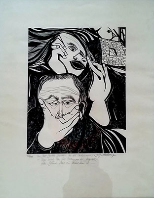 "An die Nachgeborenen", Hochdruck 42/100, 31 x 24 cm, vom Künstler mit Text beschrieben und handsigniert, Preis: 190 Euro