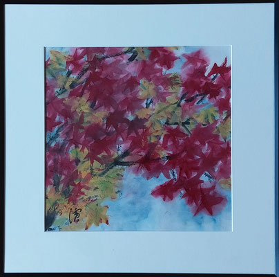 Liu Bin: Ahornblätter Tusche und Farbe auf Papier; Rahmen: 56 x 56 cm Preis 400 Euro