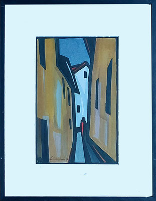 Herbert Muckenschnabl: Gasse, Holzschnitt, koloriert 34 x 41,5 cm Preis 250 Euro, incl. Rahmen