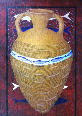 "Amphora with fishes" 100 x 140 cm, acrylic fibermix on canvas and afgan poetry