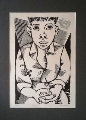 Sitzender Junge, Holzschnitt 78/100, handsigniert mit Widmungsaufschrift "Para Nele", Bildmaß: 22 x 40 cm, Preis: 240 Euro mit Rahmen
