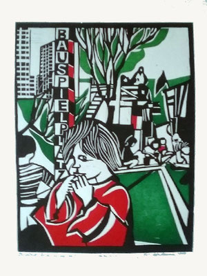 Bauspielplatz, Einzelblatt aus "Bilder der Großstadt", mehrfarbiger Holzschnitt, 1979, handsignierter Probedruck, 40 x 28 cm, Preis: 290 Euro