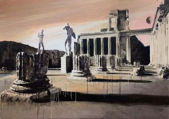  Stille nach dem Inferno, 2025  Tusche u. Öl auf Leinwand, Schattenfugenrahmen — 200 x 140 cm Preisempfehlung: 8.200 €
