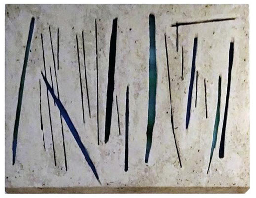Rolf Liese: Aschebild geschlitzt und mit blauem Glas hinterlegt 58 x 44 cm Rückseite signiert Jan. 1997; gewidmet für Barbara zum 9.9. 99 VB  