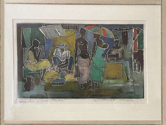 Mart in Freetown, 1965;  Linolschnitt, Monotypie 53 x 34cm /70 x 51 cm Preis 350 Euro 
