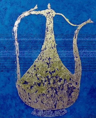 "Winepot" 80 x 100 cm, acrylic with fibermix, gold leaf, afghan poetry, 1600 Euro