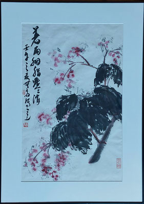 Liu Bin: Dunkle Blätter, zarte Blüten;  Tusche und Farbe auf Papier Rahmen 55 x 80 cm Preis 400 Euro, kaligrafische Aufschrift: Wu Zhai