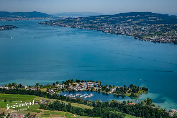Luftaufnahme von Zürichsee: Halbinsel Bächau aus der Luft, Region Zürich, Schweiz