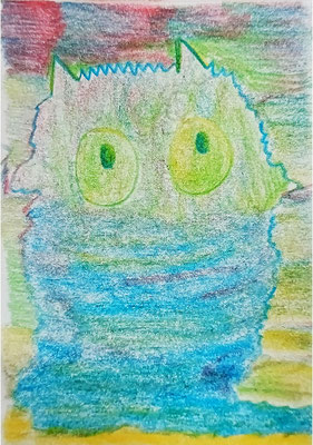 Chat caché (C) Poley Luard • crayon à pointe 4 couleurs