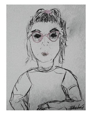 La grande soeur de la petite fille derrière le rideau (C) Poley Luard • crayon & tablette numérique