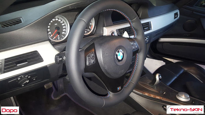 VOLANTE BMW  Ripellamento completo in Pelle Liscia Nera e cuciture diamantate colori M3 - Dopo