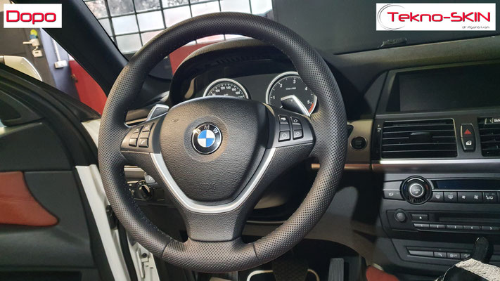 VOLANTE BMW X6  - Ripellamento completo in Pelle Punzonata Nera  - Cuciture Diamantate Nere - Dopo