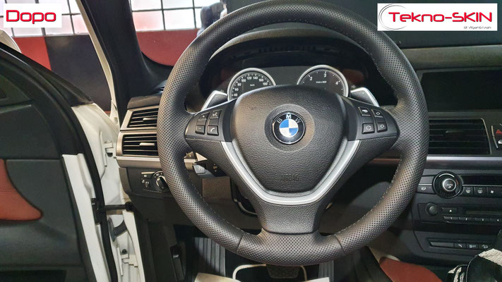 VOLANTE BMW X6  - Ripellamento completo in Pelle Punzonata Nera  - Cuciture Diamantate Nere - Dopo