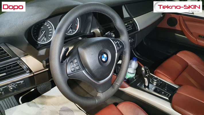 VOLANTE BMW X6  - Ripellamento completo in Pelle Punzonata Nera  - Cuciture Diamantate Nere - Dopo