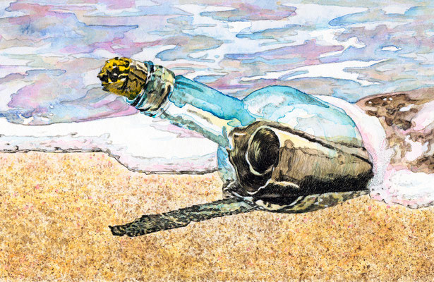 Scriptol & Aquarell - " BUCHILLUSTRATION   -  THE  MESSAGE  IN  A  BOTTLE "