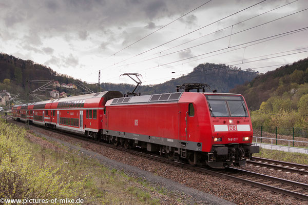 146 011 am 16.4.2016 in Königstein mit S1 nach Schöna