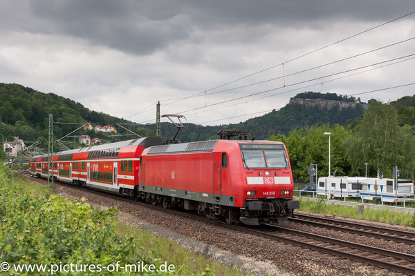 146 016 am 20.5.2017 in Königstein mit S1 nach Bad Schandau